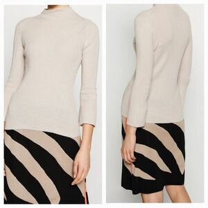 MARC CAIN Mock Neck Wool Fine Knit Cream 3/4 Flare Sleeves Ribbed Sweater XS